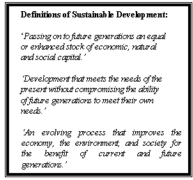 Text Box: Definitions of Sustainable Development: 

Passing on to future generations an equal or enhanced stock of economic, natural and social capital.

Development that meets the needs of the present without compromising the ability of future generations to meet their own needs.

An evolving process that improves the economy, the environment, and society for the benefit of current and future generations.

